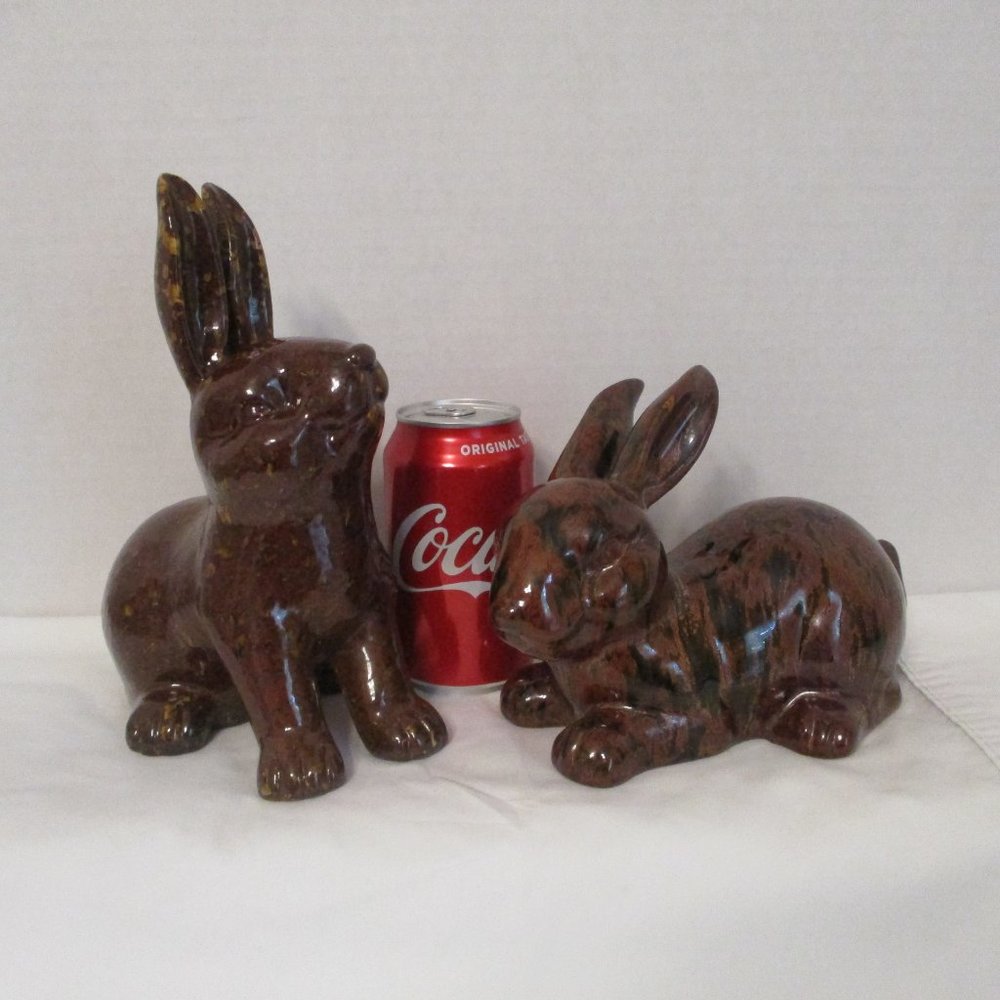 Large Chocolate Bunnies Drip Glaze Ceramic Figurine Pair Easter Spring